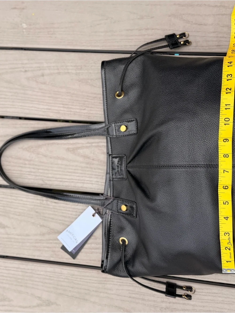 NWT American Leather Co Black Pebbled Leather Tote Bag Patent Trim Gold Hardware